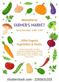 Farmers Market Poster Design With Various Fresh Local Vegetables And Herbs. Food Festival Flyer Template. 