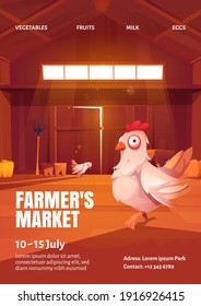 Farmers market poster with illustration of hen in wooden barn. Vector flyer of agriculture fair for sale harvest and food from farms. Cartoon interior of shed with chickens, hay and fork