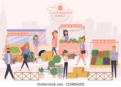 Farmer's market poster with people selling and shopping at walking street, organic fruits and vegetables, cartoon flat design. Editable vector illustration