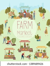 Farmer's market poster with people selling and shopping at walking street, organic fruits and vegetables, cartoon flat design. Editable vector illustration