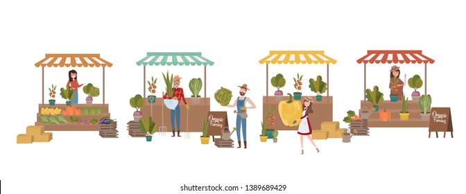 Farmer's market poster with people selling and shopping at walking street, organic fruits and vegetables, cartoon flat design. Editable vector illustration