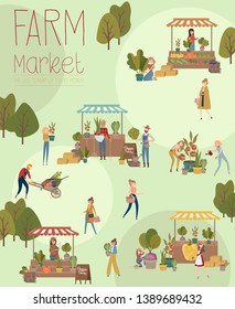 Farmer's market poster with people selling and shopping at walking street, organic fruits and vegetables, cartoon flat design. Editable vector illustration