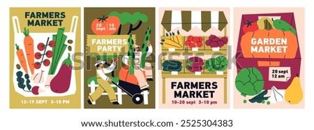 Farmers market poster set. Organic agriculture produce festival, natural eco vegetables fair with local farm food, inviting card designs. Fresh harvest store promotion. Flat vector illustration