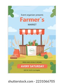 Farmers market poster. Support your local store, natural and organic products, harvest. Metaphor of countryside. Website cover, marketing and advertising concept. Cartoon flat vector illustration