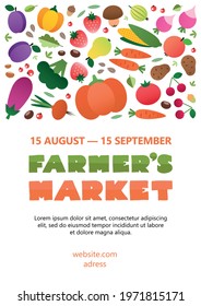 Farmer's market poster template. Colorful frame made of vegetables and fruits drawn in a flat style. Vector 10 EPS.