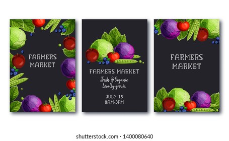 Farmers market poster template set with fresh vegetables and fruits cabbage, peas, tomato, apple, blueberry and text on black background. Black colorful cartoon style vector illustration.