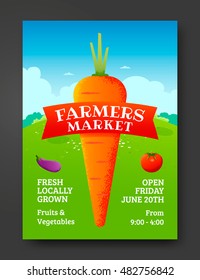 Farmers market poster template with vegetable carrot. Vector illustration
