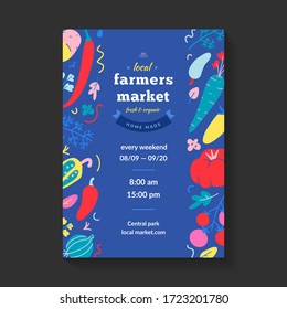 Farmers market poster, vector template layout for local event, food illustration, modern design of announcement ad for food organic food festival. Typography hand drawn banner with logo