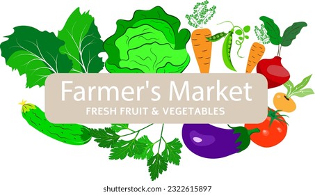 Farmer's market poster. White inscription farmer's market on the background of vegetables. Farmers market poster collection. Vector banner templates with inscription for local food fair.