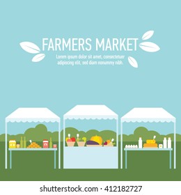 Farmers Market Produce Stands Blue Background Vector Illustration