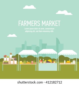 Farmers Market Produce Stands With Cityscape Background Vector Illustration