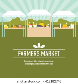 Farmers market produce stands green background vector illustration