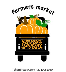 Cotizaciones del mercado de los agricultores. Camión con calabazas. Temporada de otoño. Diseño de otoño imprimible. Ilustración del vector