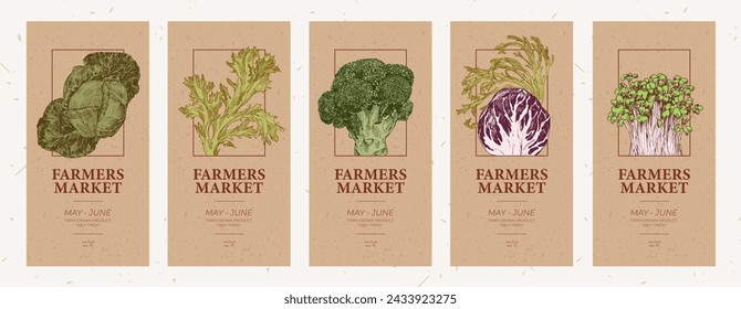 Plantilla de volantes de estilo de papel reciclado para el mercado agrícola. Repollo y lechuga grabado ilustraciones