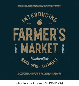 "Farmers Market". Sans Serif Octagonal Alphabet. Retro Typeface. Clean & Textured Versions Included. Vector Illustration.