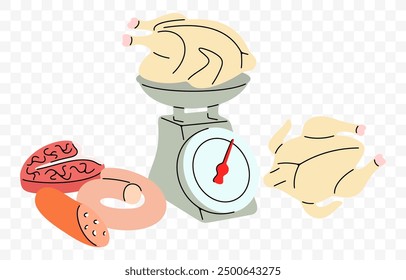 Farmers market, sausage and meat products with scales, graphic design. Food, meal, meat and grocery, vector design and illustration