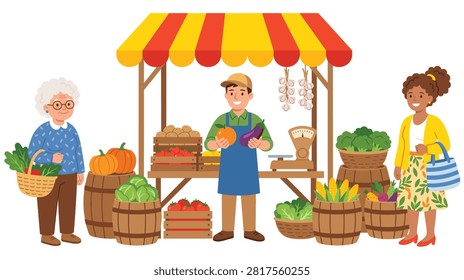 Farmers market scene featuring friendly vendor selling fresh vegetables and fruits to elderly woman and young customer at wooden stall with striped awning.