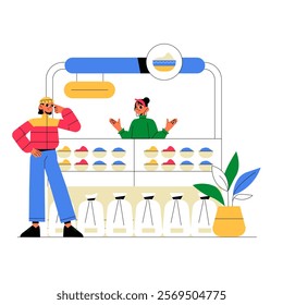 Farmers Market Scene With Female Vendor And Female Shopper, Flat Vector Illustration Symbolizing Local Produce Shopping And Community Interaction, Isolated On White Background