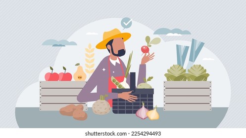 Farmers market scene with local food or grocery supplier tiny person concept. Ecological, fresh and natural vegetables, fruits and products from kiosk vector illustration. Sell organic assortment.