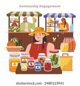 Farmers market scene with vendors selling fresh produce, homemade preserves, and dairy products to foster community engagement. Vector illustration.