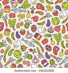 Farmer's market seamless pattern with colorful line icons. Fruits, vegetables, honey, eggs, meat and fish