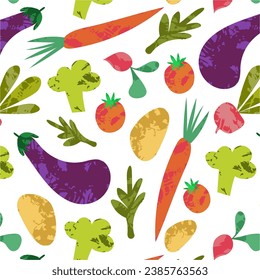 Farmer's market seamless pattern with fresh and healthy vegetables, carrot, onion, radish, tomato, broccoli for menu design 