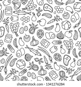 Farmer's market seamless pattern with line icons. Fruits, vegetables, honey, eggs, meat and fish