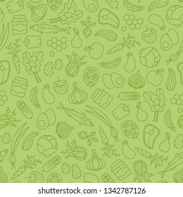 Farmer's market seamless pattern with line icons. Fruits, vegetables, honey, eggs, meat and fish