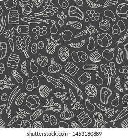 Farmer's market seamless pattern with line icons. Fruits, vegetables, honey, eggs, meat and fish - Shutterstock ID 1453180889