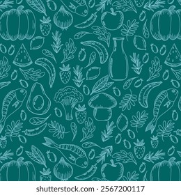 Farmer's market seamless pattern with line icons. Fruits, vegetables, honey, eggs, meat and fish