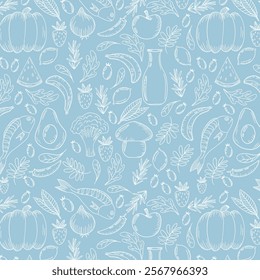 Farmer's market seamless pattern with line icons. Fruits, vegetables, honey, eggs, meat and fish