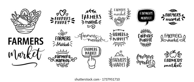 FARMERS MARKET set of hand drawn doodles badges, logo, icon, label. Farm market natural organic product brand sign symbol. Vector brush lettering typography - farmers market on a white background.