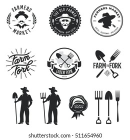 Farmers market set of labels badges emblems and design elements. Farm to fork lettering. Monochrome graphics isolated on white background. Vector vintage illustration.