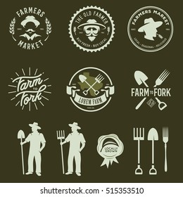 Farmers market set of labels badges emblems and design elements. Farm to fork lettering. Monochrome graphics isolated on white background. Vector vintage illustration.