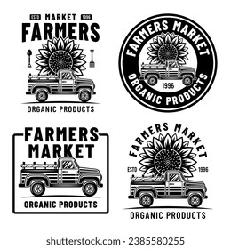 Farmers market set of vector emblems, badges, labels with pickup car and sunflower in black style isolated on white background. Hand drawn. Not AI generated