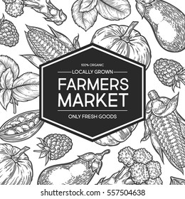 Farmers market shop organic food vector hand drawn template packaging food, label, banner, poster, identity, branding. Stylish design with sketch illustration of farmer market. Local organic food shop