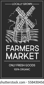 Farmers market shop organic food vector hand drawn template packaging food, label, banner, poster, identity, branding. Stylish wind mill sketch illustration of farmer market. Local organic food shop