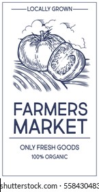 Farmers market shop organic food vector hand drawn template packaging food, label, banner, poster, identity, branding. Stylish design with sketch illustration of farmer market. Local organic food shop