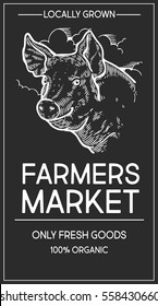 Farmers market shop organic food vector hand drawn template packaging food, label, banner, poster, identity, branding. Stylish design pig sketch illustration of farmer market. Local organic food shop