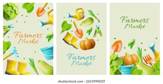 Os agricultores fazem compras no mercado. Plástico 3D estilo cartaz vetorial desenhos conjunto. Vegetais maduros e vegetação. Alimentos orgânicos saudáveis. Ferramentas de jardinagem. Conceito de agricultura