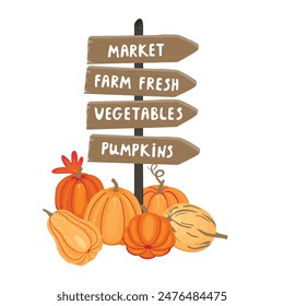 Farmers market sign and pumpkin set.Wooden planks with hand written Farm Fresh, Vegetables. Autumn card with fruit harvest.Vector design for use in poster,banner template.Flat cartoon illustration.