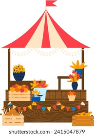 Farmers market stall with colorful autumn harvest, pumpkins, flowers, and wooden crates. Fall festival tent with seasonal decorations vector illustration.