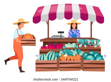 Farmers Market Stall Flat Vector Illustration. Summer Outdoor Vegetable Store With Seller. Eco Farm Products, Rural Organic Produce Trade Tent, Shop. Agribusiness, Farming Business Cartoon Concept