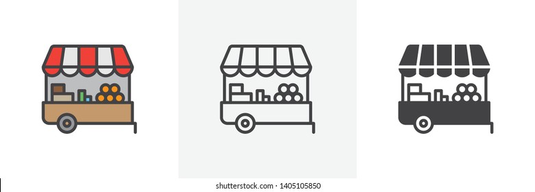 Farmers Market Stall Icon. Line, Glyph And Filled Outline Colorful Version, Farm Food Stand Outline And Filled Vector Sign. Symbol, Logo Illustration. Different Style Icons Set. Vector Graphics