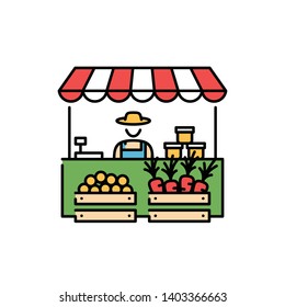 Farmers Market Stall Icon Template. Vector Line Fruit And Vegetable Shop Symbol Illustration. Local Farm Food Stand Logo Background With Farmer. Greengrocer Store Business With Organic Eco Products