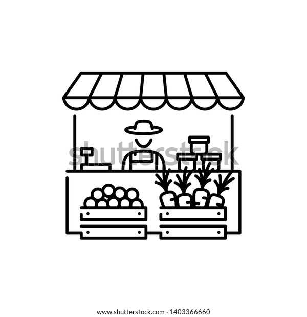 Farmers market stall icon template. Local farm\
food stand logo background with farmer. Vector line fruit and\
vegetable shop symbol illustration. Greengrocer store business with\
organic eco products