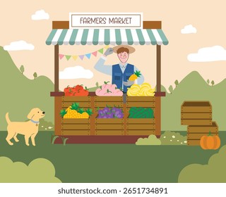Farmers Market Stall with Produce and a Friendly Vendor