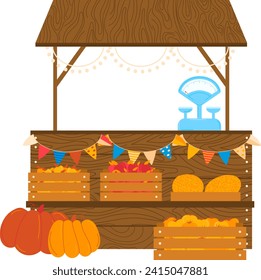 Farmers market stall with wooden crates full of fresh pumpkins. Colorful bunting and weight scale on the stand. Autumn harvest and organic produce vector illustration.
