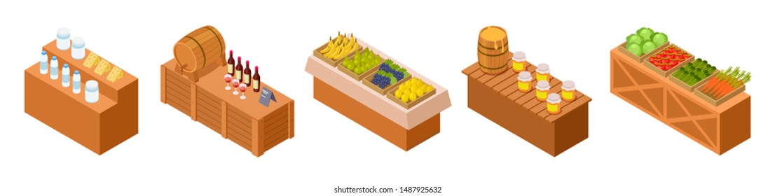 Farmers Market Stalls. Isometric Traditional Meal, Vegetables And Fruit. Vector Wooden Counters With Fresh Goods