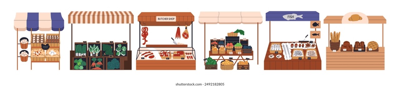 Farmers market stalls set. Booths, counters with fresh vegetables, natural fruits, organic produce, bread and bakery, butcher shop, fish kiosks. Flat vector illustration isolated on white background